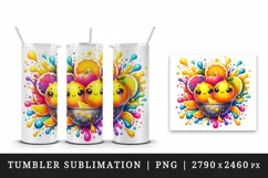 Watercolor bright citrus fruits with cute faces in colorful splash print 20 oz tumbler skinny mug wrap clipart t-shirt sublimation printable design