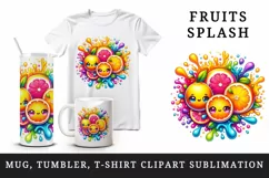 Watercolor bright citrus fruits with cute faces in colorful splash print 20 oz tumbler skinny mug wrap clipart t-shirt sublimation printable design