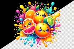 Watercolor bright citrus fruits with cute faces in colorful splash print 20 oz tumbler skinny mug wrap clipart t-shirt sublimation printable design