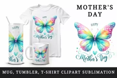 Watercolor brightly colored butterfly Happy Mother Day greeting quote print 20 oz tumbler skinny mug wrap clipart t-shirt sublimation printable design