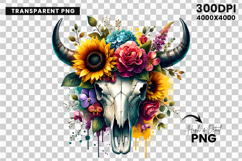 watercolor bull skull png, rustic western clipart, floral cow skull sublimation, boho bull skull design, bull skull printable art, cowboy western png, farmhouse bull skull clipart, bohemian skull sublimation, rustic floral skull png, country western skull