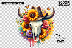 watercolor bull skull png, rustic western clipart, floral cow skull sublimation, boho bull skull design, bull skull printable art, cowboy western png, farmhouse bull skull clipart, bohemian skull sublimation, rustic floral skull png, country western skull