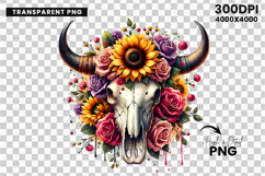 watercolor bull skull png, rustic western clipart, floral cow skull sublimation, boho bull skull design, bull skull printable art, cowboy western png, farmhouse bull skull clipart, bohemian skull sublimation, rustic floral skull png, country western skull