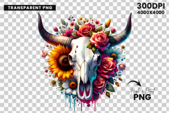 watercolor bull skull png, rustic western clipart, floral cow skull sublimation, boho bull skull design, bull skull printable art, cowboy western png, farmhouse bull skull clipart, bohemian skull sublimation, rustic floral skull png, country western skull