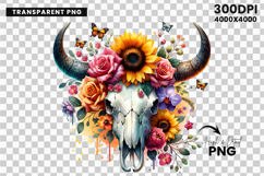 watercolor bull skull png, rustic western clipart, floral cow skull sublimation, boho bull skull design, bull skull printable art, cowboy western png, farmhouse bull skull clipart, bohemian skull sublimation, rustic floral skull png, country western skull