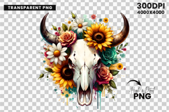watercolor bull skull png, rustic western clipart, floral cow skull sublimation, boho bull skull design, bull skull printable art, cowboy western png, farmhouse bull skull clipart, bohemian skull sublimation, rustic floral skull png, country western skull