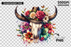 watercolor bull skull png, rustic western clipart, floral cow skull sublimation, boho bull skull design, bull skull printable art, cowboy western png, farmhouse bull skull clipart, bohemian skull sublimation, rustic floral skull png, country western skull