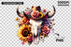 watercolor bull skull png, rustic western clipart, floral cow skull sublimation, boho bull skull design, bull skull printable art, cowboy western png, farmhouse bull skull clipart, bohemian skull sublimation, rustic floral skull png, country western skull