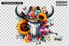 watercolor bull skull png, rustic western clipart, floral cow skull sublimation, boho bull skull design, bull skull printable art, cowboy western png, farmhouse bull skull clipart, bohemian skull sublimation, rustic floral skull png, country western skull