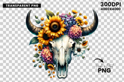 watercolor bull skull png, rustic western clipart, floral cow skull sublimation, boho bull skull design, bull skull printable art, cowboy western png, farmhouse bull skull clipart, bohemian skull sublimation, rustic floral skull png, country western skull