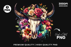watercolor bull skull png, rustic western clipart, floral cow skull sublimation, boho bull skull design, bull skull printable art, cowboy western png, farmhouse bull skull clipart, bohemian skull sublimation, rustic floral skull png, country western skull