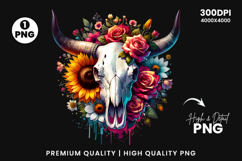 watercolor bull skull png, rustic western clipart, floral cow skull sublimation, boho bull skull design, bull skull printable art, cowboy western png, farmhouse bull skull clipart, bohemian skull sublimation, rustic floral skull png, country western skull