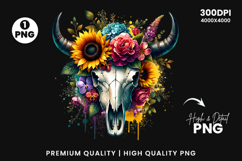 watercolor bull skull png, rustic western clipart, floral cow skull sublimation, boho bull skull design, bull skull printable art, cowboy western png, farmhouse bull skull clipart, bohemian skull sublimation, rustic floral skull png, country western skull