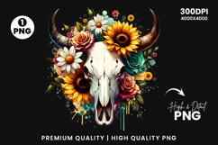 watercolor bull skull png, rustic western clipart, floral cow skull sublimation, boho bull skull design, bull skull printable art, cowboy western png, farmhouse bull skull clipart, bohemian skull sublimation, rustic floral skull png, country western skull