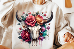 watercolor bull skull png, rustic western clipart, floral cow skull sublimation, boho bull skull design, bull skull printable art, cowboy western png, farmhouse bull skull clipart, bohemian skull sublimation, rustic floral skull png, country western skull