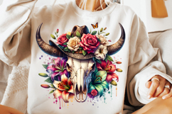 watercolor bull skull png, rustic western clipart, floral cow skull sublimation, boho bull skull design, bull skull printable art, cowboy western png, farmhouse bull skull clipart, bohemian skull sublimation, rustic floral skull png, country western skull