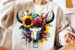 watercolor bull skull png, rustic western clipart, floral cow skull sublimation, boho bull skull design, bull skull printable art, cowboy western png, farmhouse bull skull clipart, bohemian skull sublimation, rustic floral skull png, country western skull