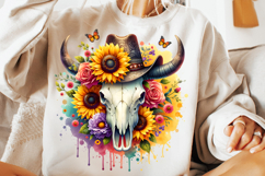 watercolor bull skull png, rustic western clipart, floral cow skull sublimation, boho bull skull design, bull skull printable art, cowboy western png, farmhouse bull skull clipart, bohemian skull sublimation, rustic floral skull png, country western skull