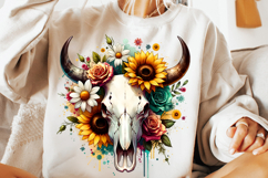 watercolor bull skull png, rustic western clipart, floral cow skull sublimation, boho bull skull design, bull skull printable art, cowboy western png, farmhouse bull skull clipart, bohemian skull sublimation, rustic floral skull png, country western skull
