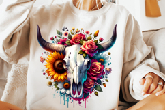 watercolor bull skull png, rustic western clipart, floral cow skull sublimation, boho bull skull design, bull skull printable art, cowboy western png, farmhouse bull skull clipart, bohemian skull sublimation, rustic floral skull png, country western skull