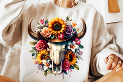 watercolor bull skull png, rustic western clipart, floral cow skull sublimation, boho bull skull design, bull skull printable art, cowboy western png, farmhouse bull skull clipart, bohemian skull sublimation, rustic floral skull png, country western skull