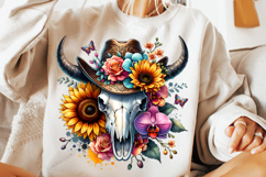 watercolor bull skull png, rustic western clipart, floral cow skull sublimation, boho bull skull design, bull skull printable art, cowboy western png, farmhouse bull skull clipart, bohemian skull sublimation, rustic floral skull png, country western skull
