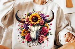 watercolor bull skull png, rustic western clipart, floral cow skull sublimation, boho bull skull design, bull skull printable art, cowboy western png, farmhouse bull skull clipart, bohemian skull sublimation, rustic floral skull png, country western skull