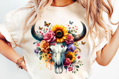 watercolor bull skull png, rustic western clipart, floral cow skull sublimation, boho bull skull design, bull skull printable art, cowboy western png, farmhouse bull skull clipart, bohemian skull sublimation, rustic floral skull png, country western skull
