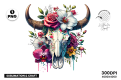 watercolor bull skull png, rustic western clipart, floral cow skull sublimation, boho bull skull design, bull skull printable art, cowboy western png, farmhouse bull skull clipart, bohemian skull sublimation, rustic floral skull png, country western skull