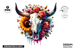 watercolor bull skull png, rustic western clipart, floral cow skull sublimation, boho bull skull design, bull skull printable art, cowboy western png, farmhouse bull skull clipart, bohemian skull sublimation, rustic floral skull png, country western skull