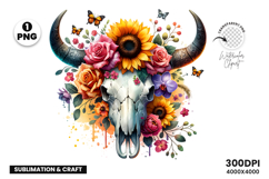 watercolor bull skull png, rustic western clipart, floral cow skull sublimation, boho bull skull design, bull skull printable art, cowboy western png, farmhouse bull skull clipart, bohemian skull sublimation, rustic floral skull png, country western skull