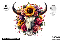 watercolor bull skull png, rustic western clipart, floral cow skull sublimation, boho bull skull design, bull skull printable art, cowboy western png, farmhouse bull skull clipart, bohemian skull sublimation, rustic floral skull png, country western skull