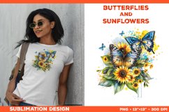 Watercolor Butterflies and Sunflowers T-Shirt Design PNG Product Image 1