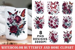 Watercolor Butterfly and Rose Clipart, Butterfly Mug PNG Product Image 1