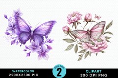 Watercolor Butterfly Flowers Set Clipart Product Image 1