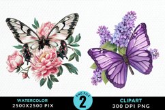 Watercolor Butterfly Flowers PNG Set Clipart Product Image 1