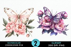 Watercolor Butterfly Flowers PNG Set Clipart Product Image 1