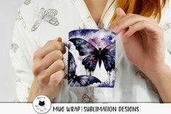 woman holding a mug with purple watercolor butterfly illustration