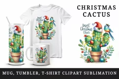 Watercolor cactus hat festive lights baubles Desert Christmas Cheer quote print tumbler skinny mug wrap clipart t-shirt sublimation printable design