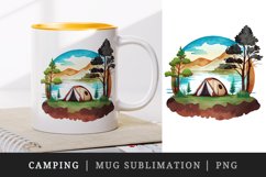 Watercolor campsite with a lake or river nearby, camping with tent design wrap sublimation bundle for customize your mug