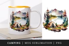 Watercolor campsite with a lake or river nearby, camping with tent design wrap sublimation bundle for customize your mug