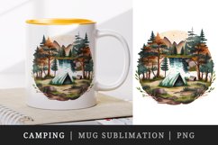 Watercolor campsite with a lake or river nearby, camping with tent design wrap sublimation bundle for customize your mug