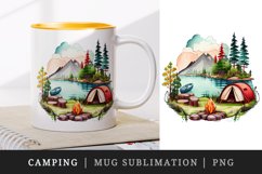 Watercolor campsite with a lake or river nearby, camping with tent design wrap sublimation bundle for customize your mug
