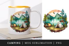 Watercolor campsite with a lake or river nearby, camping with tent design wrap sublimation bundle for customize your mug