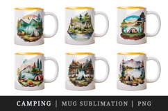 Watercolor campsite with a lake or river nearby, camping with tent design wrap sublimation bundle for customize your mug