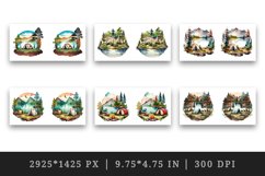 Watercolor campsite with a lake or river nearby, camping with tent design wrap sublimation bundle for customize your mug