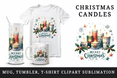 Watercolor candles snowflakes holly Merry Christmas greeting quote print 20 oz tumbler skinny mug wrap clipart t-shirt sublimation printable design