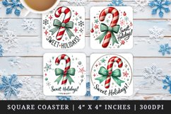 Watercolor candy cane with bow star and snowflakes Sweet Holidays quote Christmas New Year winter print square coaster mug coasters sublimation design