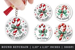 Watercolor candy cane with bow stars and snowflakes Sweet Holidays quote Christmas New Year winter print round keychain keychains sublimation design