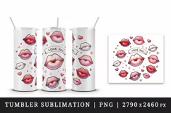 Watercolor cartoon-style lips sending kisses Love quote Valentine Day print 20 oz tumbler skinny mug wrap clipart t-shirt sublimation printable design
